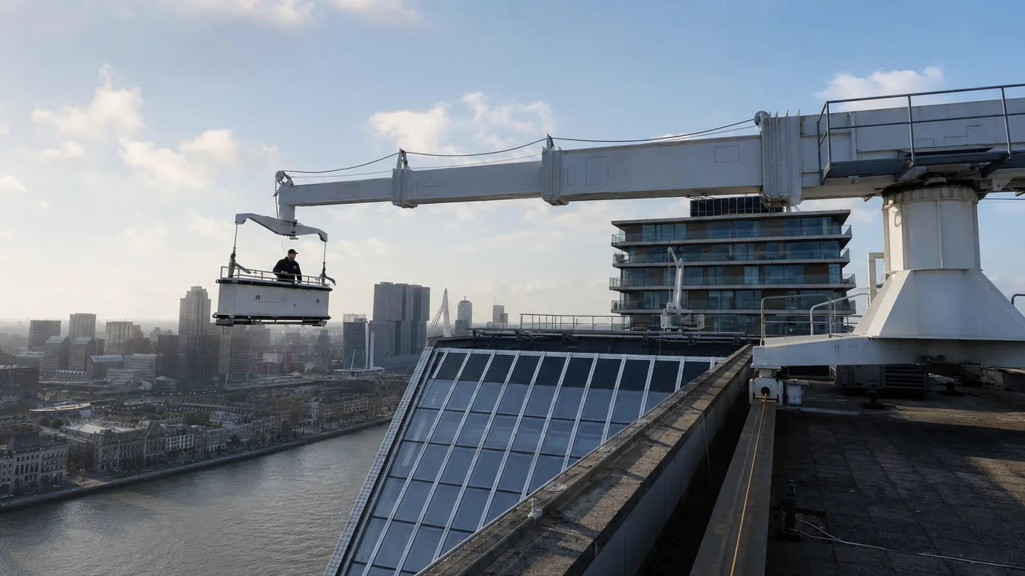 Gevellift met gondel in bedrijf boven de skyline van Rotterdam